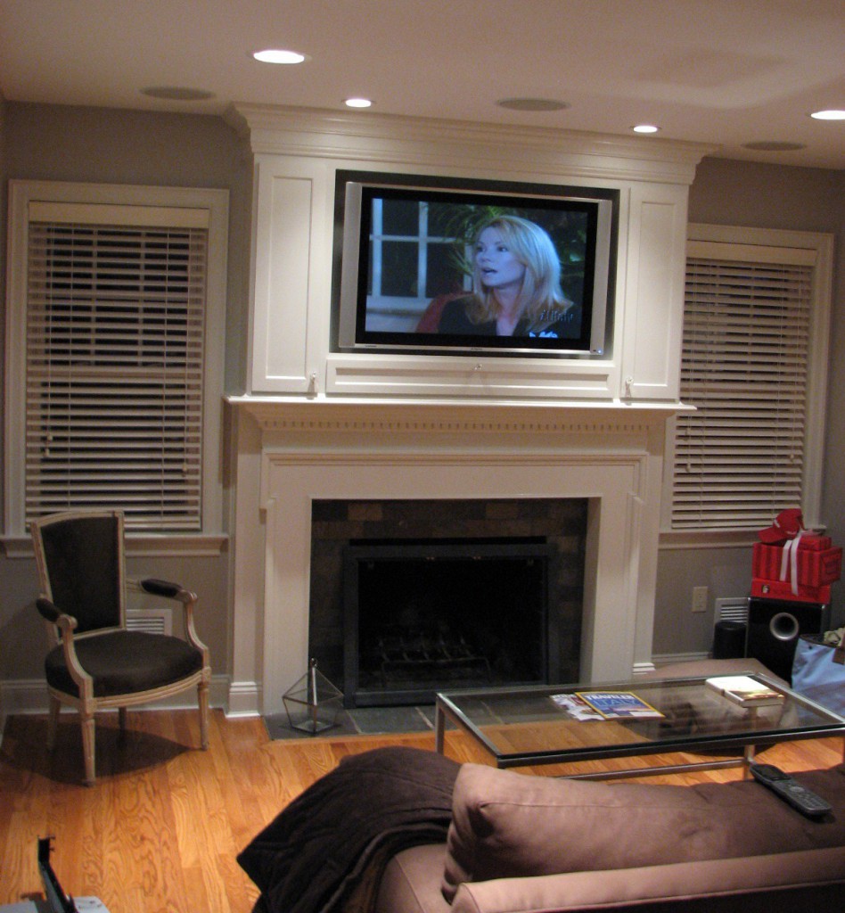 Dove White Firplace mantle with Flatscreen and storage